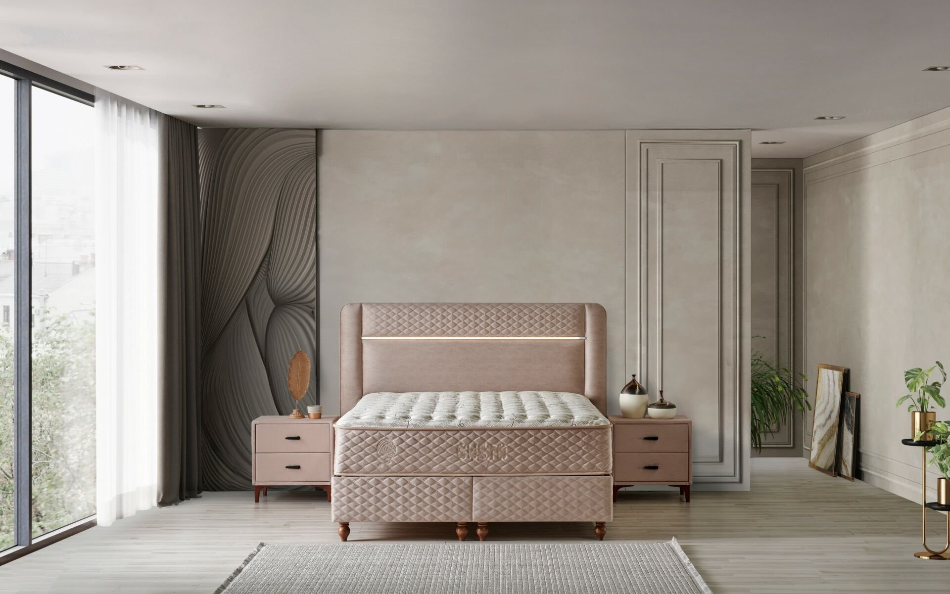 Gusto Krem 180 x 200 Çift Kişilik Yatak, Baza, Başlık Seti CB3304