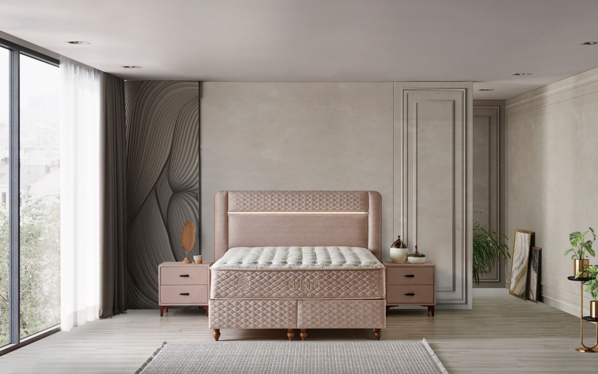 Gusto Krem 200 x 200 Çift Kişilik Yatak, Baza, Başlık Seti CB3304