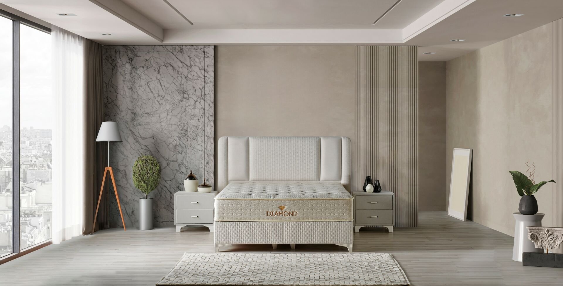 Diamond 140 x 200 Çift Kişilik Yatak, Baza, Başlık Seti CB3306