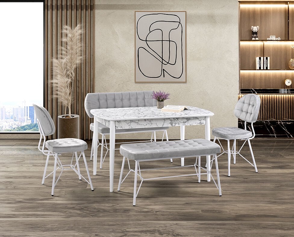 Vegas Beyaz Mermer Masa & Gözde Beyaz Benç Takımı Takımı HDR1274