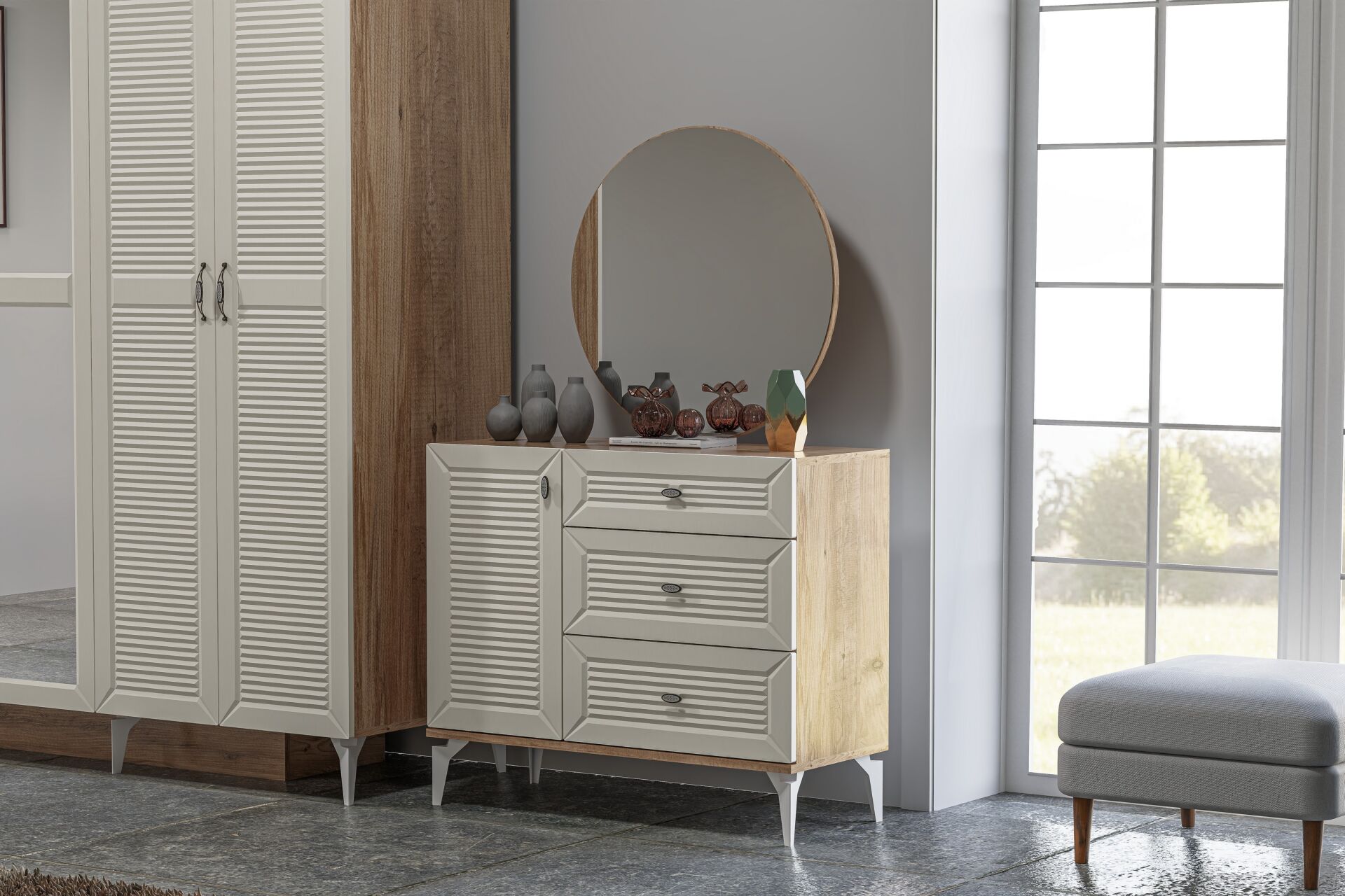 Naz Bedroom Set 100% MDF - Atlantic Pine / Moonstone TN0186