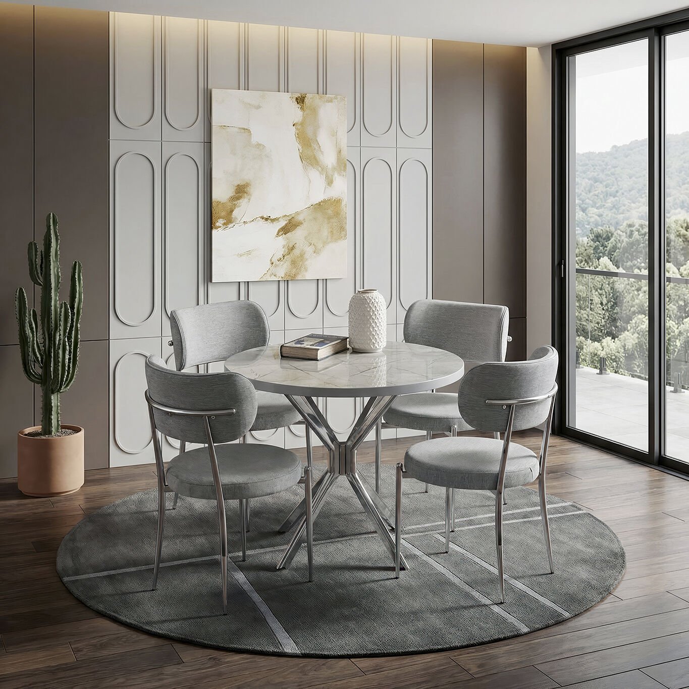 Ceyda Gri Mermer Yuvarlak Masa & Atlas Krom Sandalye Takımı HDR1280
