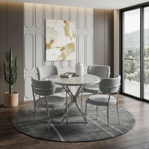 Ceyda Gri Mermer Yuvarlak Masa & Atlas Krom Sandalye Takımı HDR1280