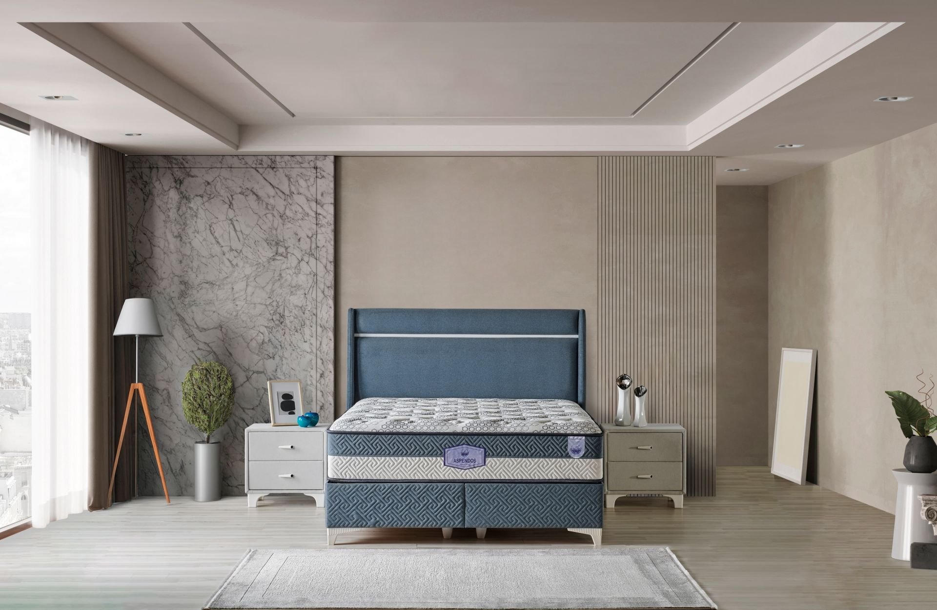 Aspendos Mavi 160 x 200 Çift Kişilik Yatak, Baza, Başlık Seti CB3311