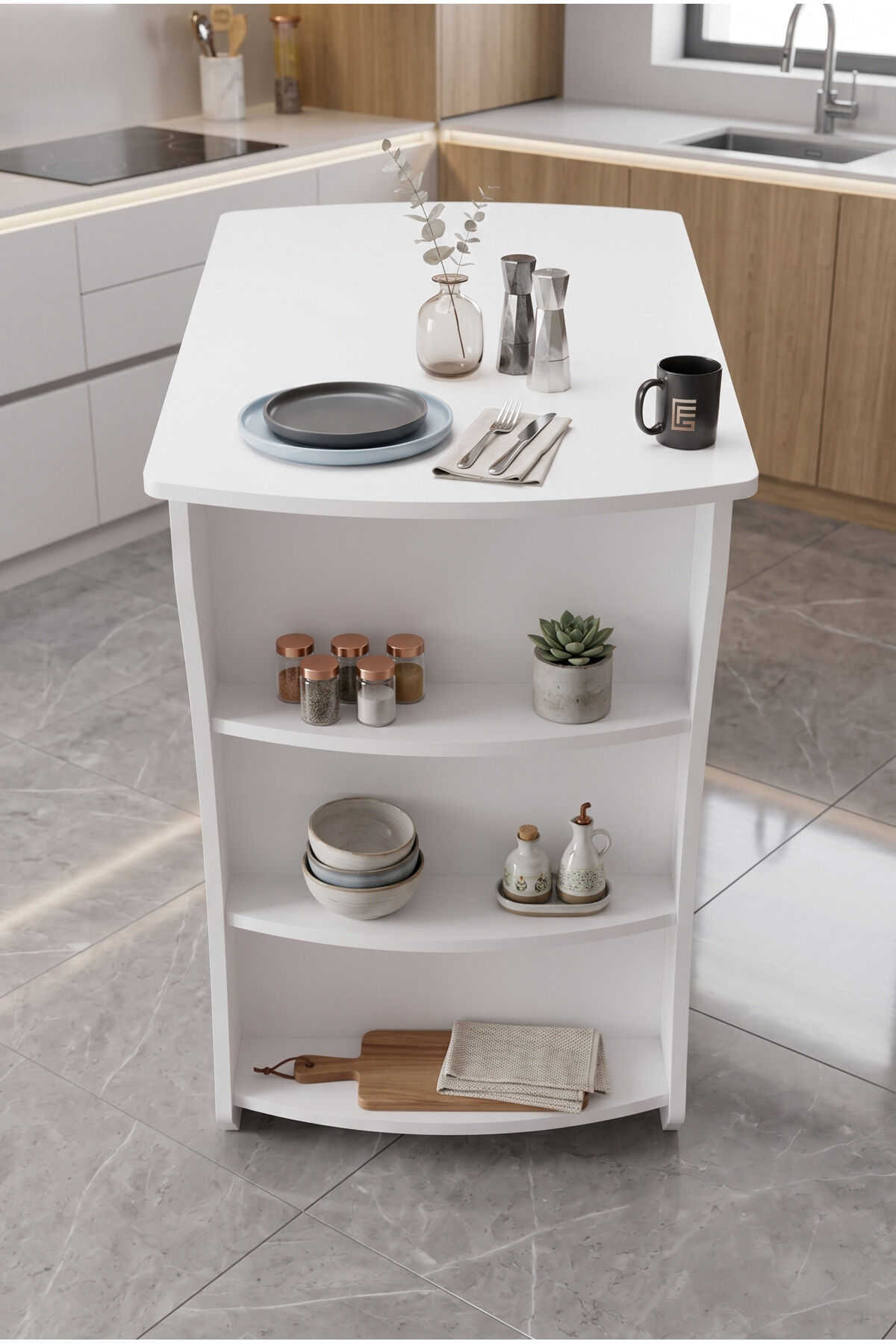 Kitchen Island Shelved Kitchen Bar Table Multi-purpose Preparation and Serving Table 9837 White