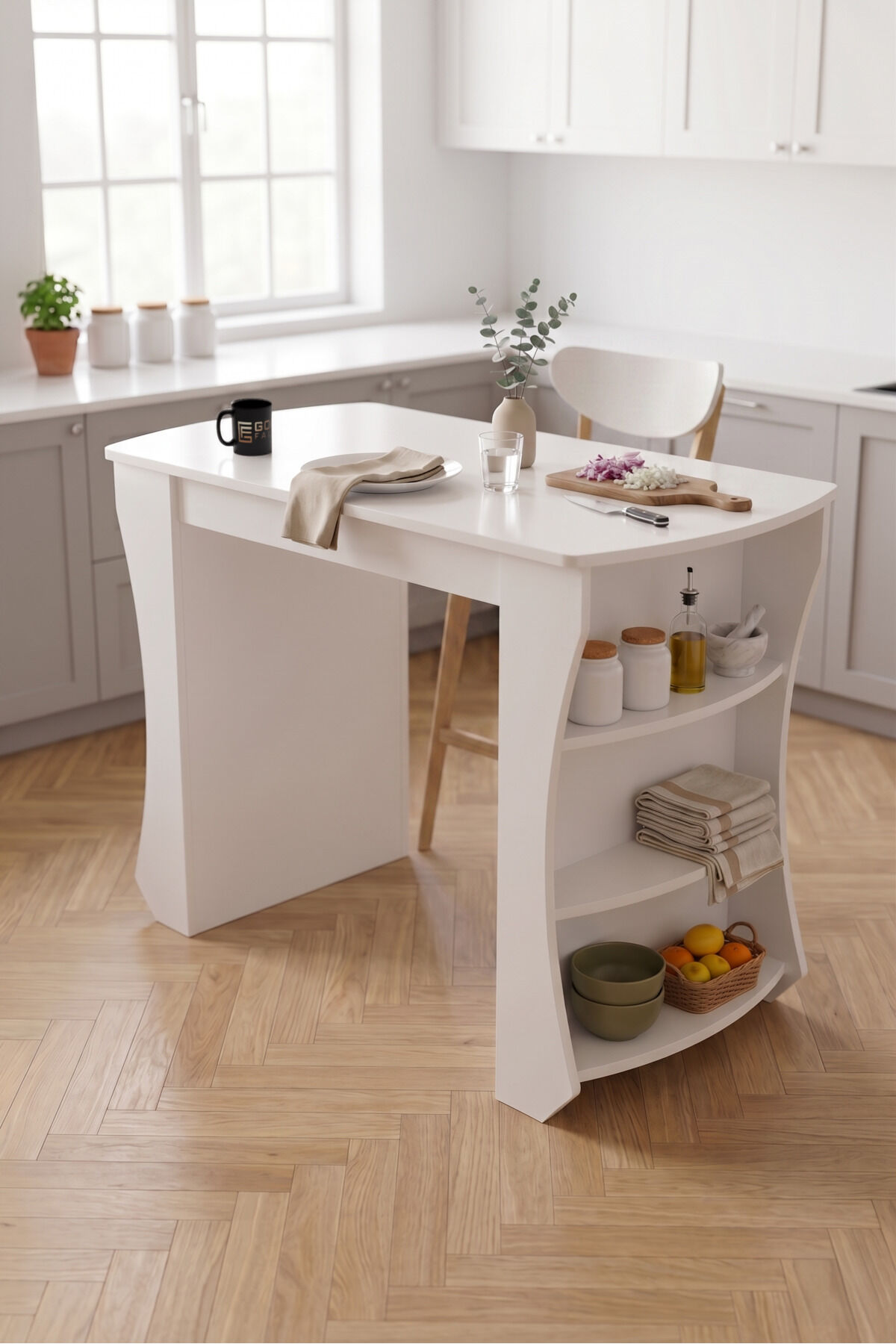Kitchen Island Shelved Kitchen Bar Table Multi-purpose Preparation and Serving Table 9837 White