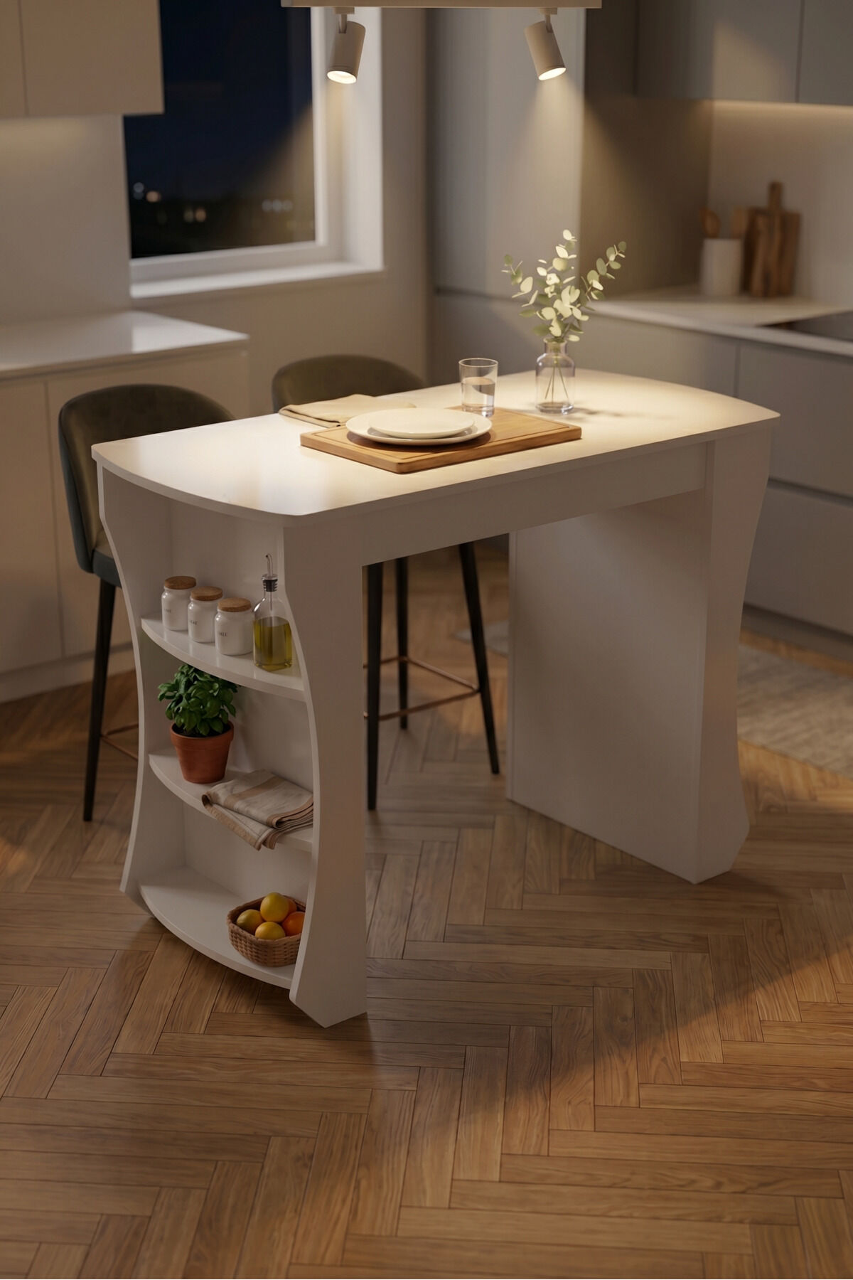 Kitchen Island Shelved Kitchen Bar Table Multi-purpose Preparation and Serving Table 9837 White