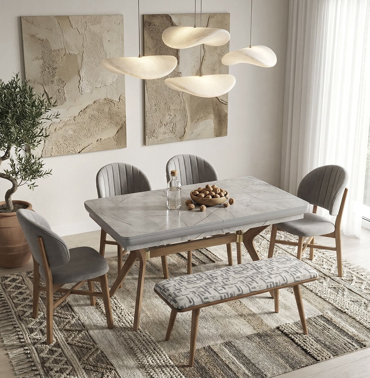 Eros Grey Table & Favori Chair & Ruya Bench Set HDR1413