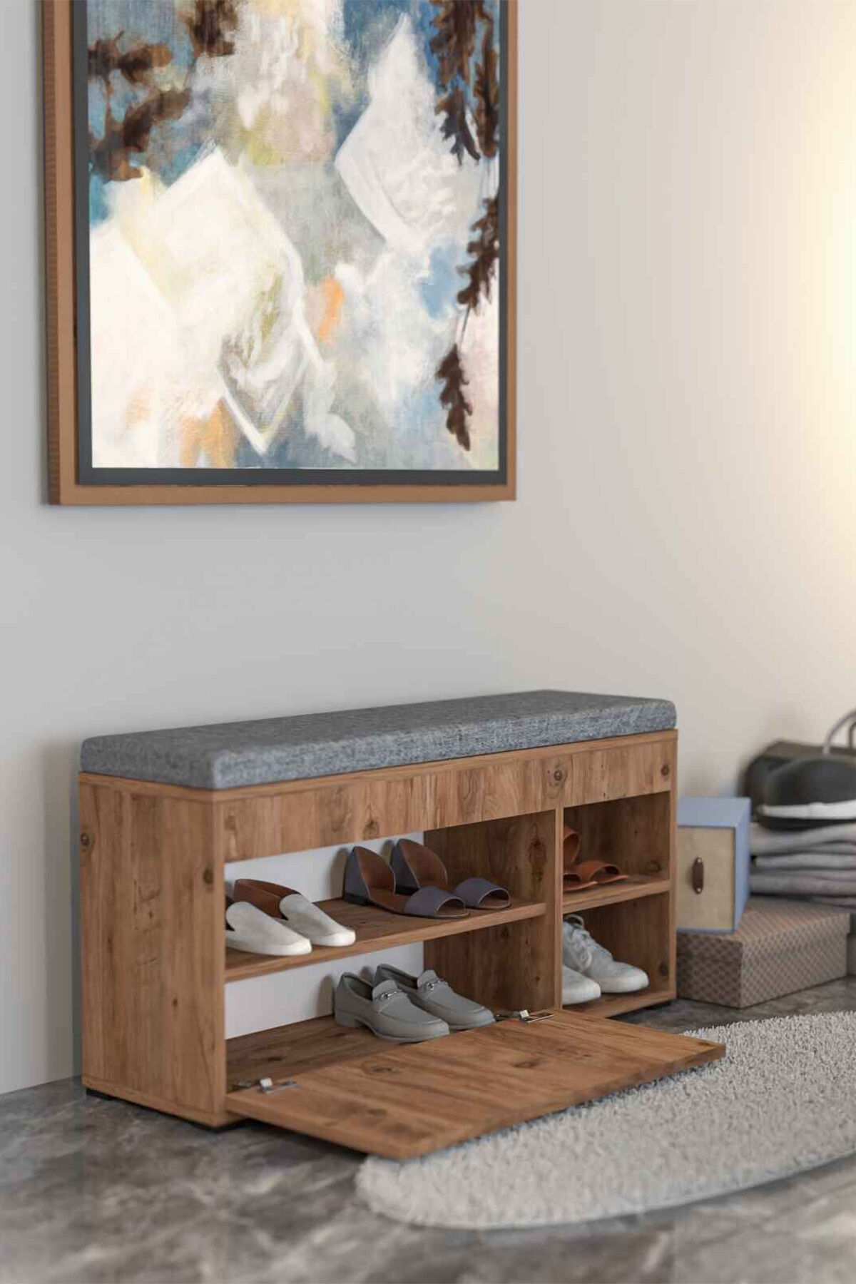 192 Atlantic Pine Multi-purpose Shoe Cabinet with Cushioned Bench and Shelves