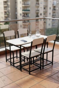 Bahçe Masa Takımı 4 Kişilik 4 Sandalyeli Masa Sandalye Seti Metal Ayak Balkon Mutfak Kafe Yemek Masası Minör Beyaz