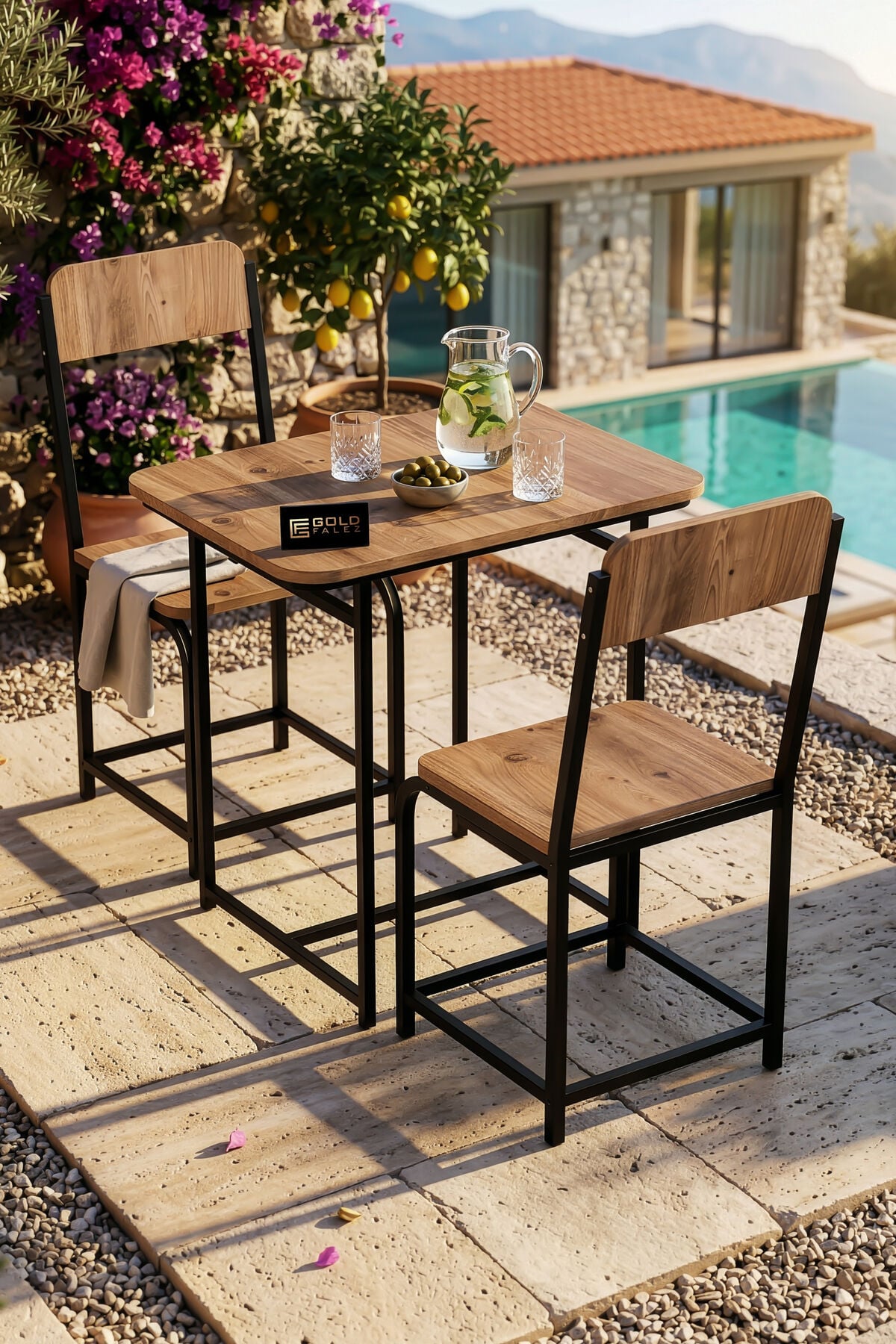 Bahçe Masa Takımı 2 Kişilik 2 Sandalyeli Masa Sandalye Seti Metal Ayak Balkon Mutfak Kafe Yemek Masası Minör Atlantik Çam