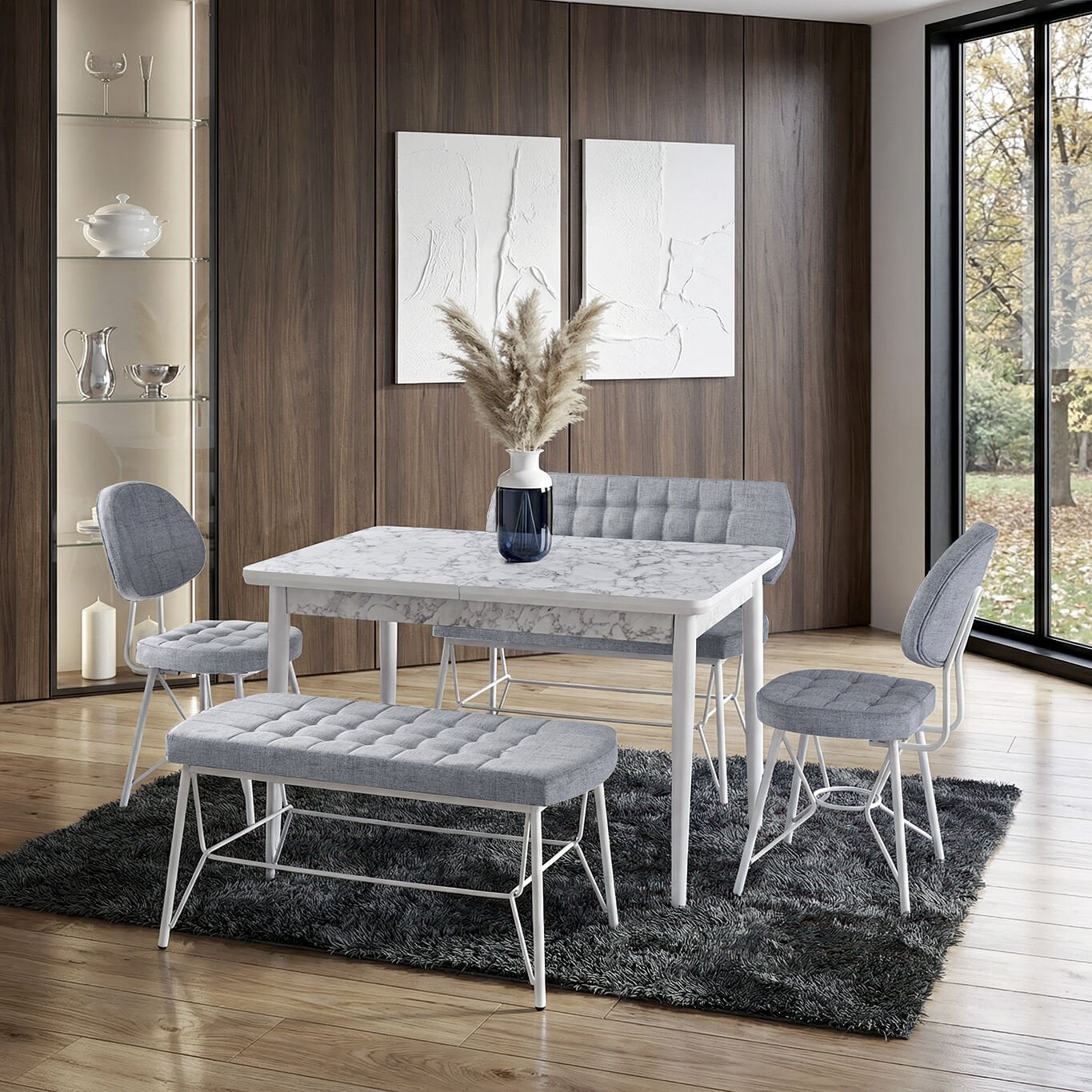 Mix White Marble Table & Gozde Chair & Gozde Bench Set HDR1436