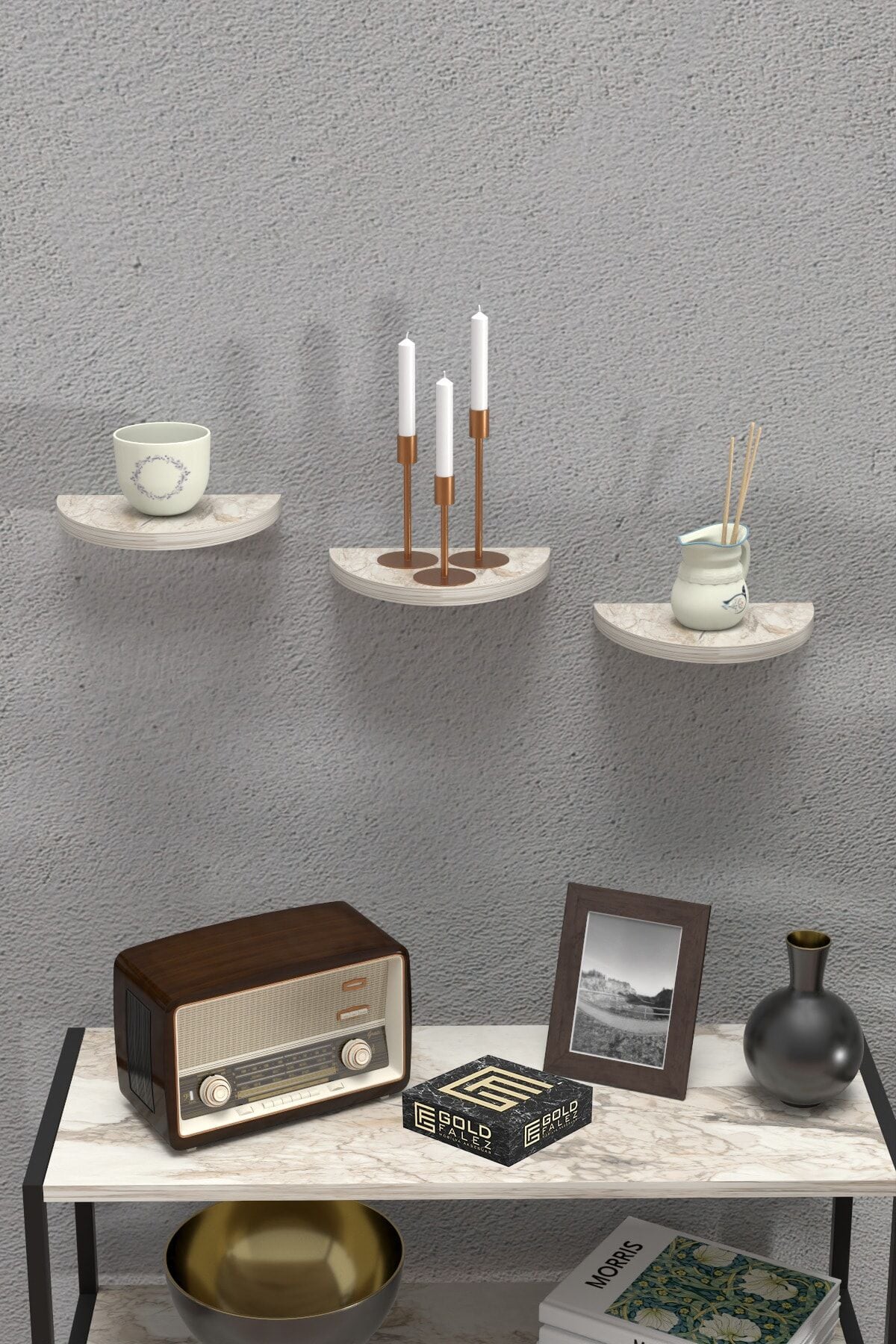 İlkal 3'lü Oval Duvar Rafı Efes Beyaz
