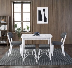 Zen Beyaz Mermer Masa & Gözde Sandalye & Gözde Tabure Takımı HDR1456