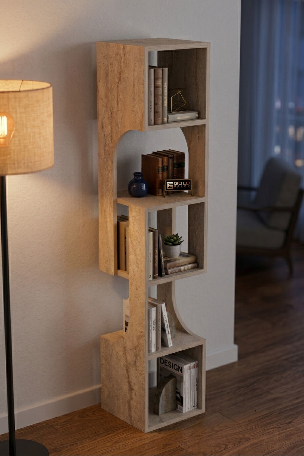 Kitaplık Ahşap Dekoratif Raf 5 Katlı Modern Çok Amaçlı Kitaplık Salon Ofis Kitaplığı 7065 Traverten