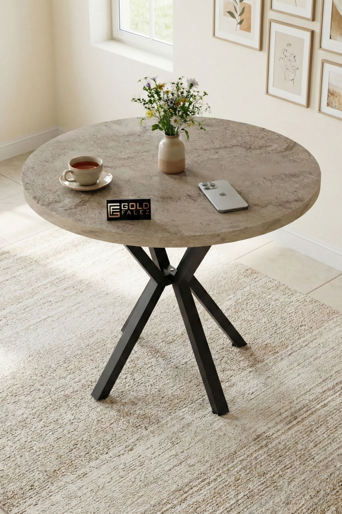 Kitchen Table 90 cm Round Table Modern Metal-Legged Cafe Balcony Office Dining Table 9826 Traverten
