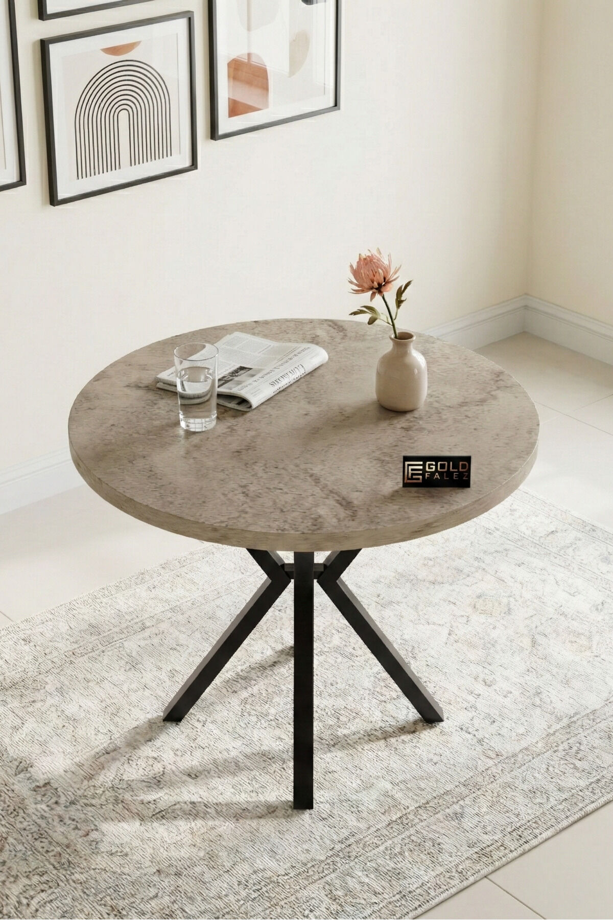 Kitchen Table 90 cm Round Table Modern Metal-Legged Cafe Balcony Office Dining Table 9826 Traverten