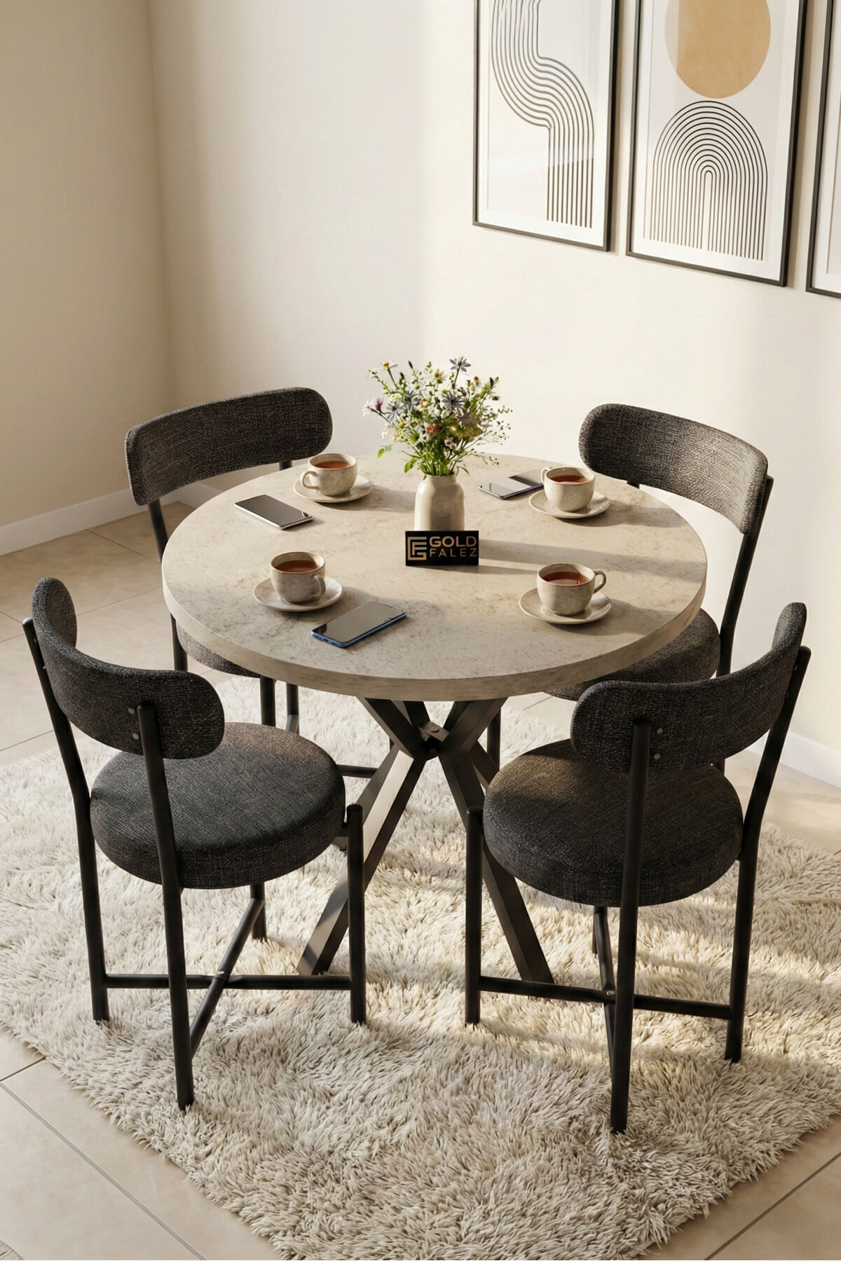 Kitchen Table 90 cm Round Table Modern Metal-Legged Cafe Balcony Office Dining Table 9826 Traverten
