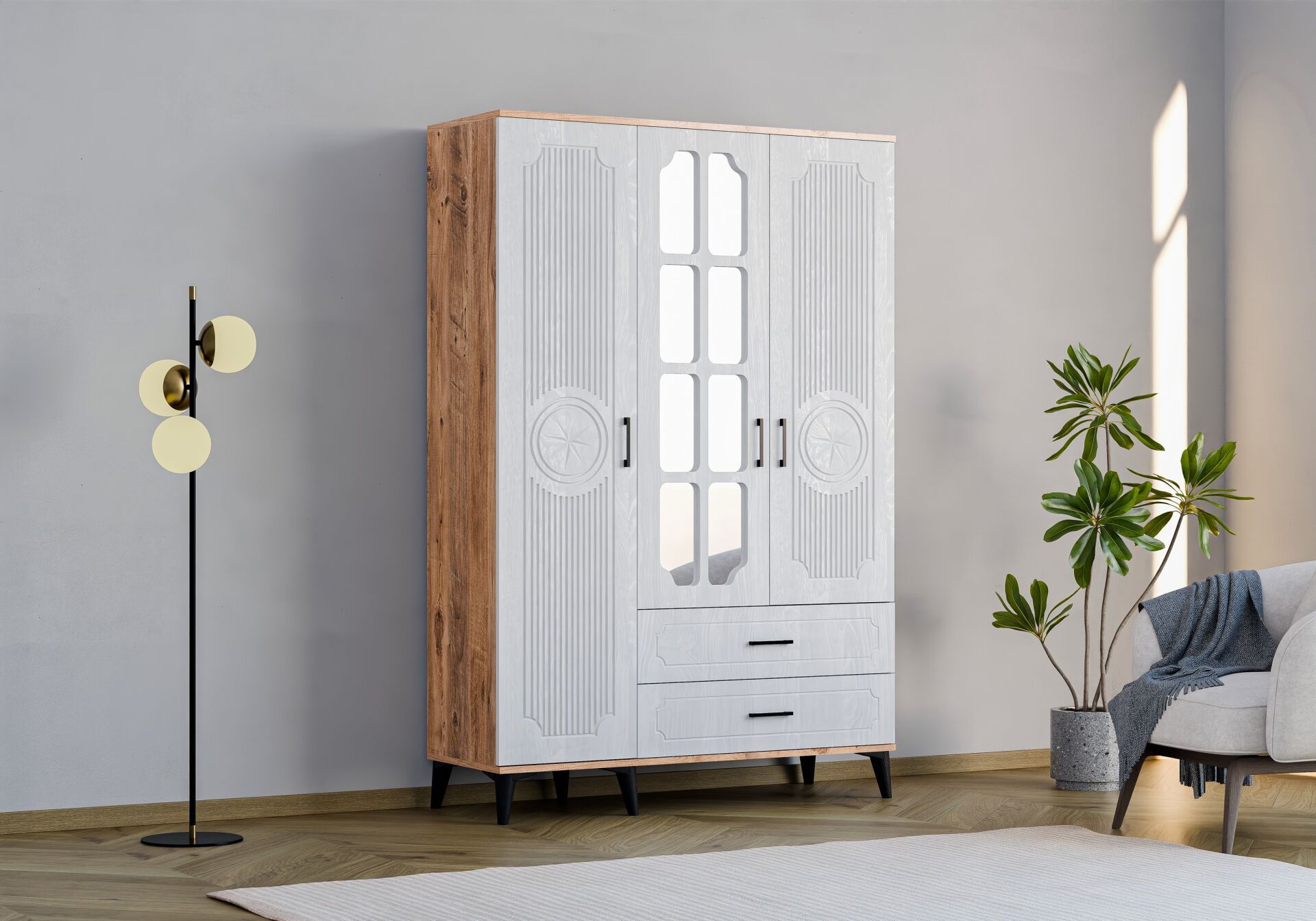 Uzay 3-Door Cabinet - Atlantic Pine / White TN0381