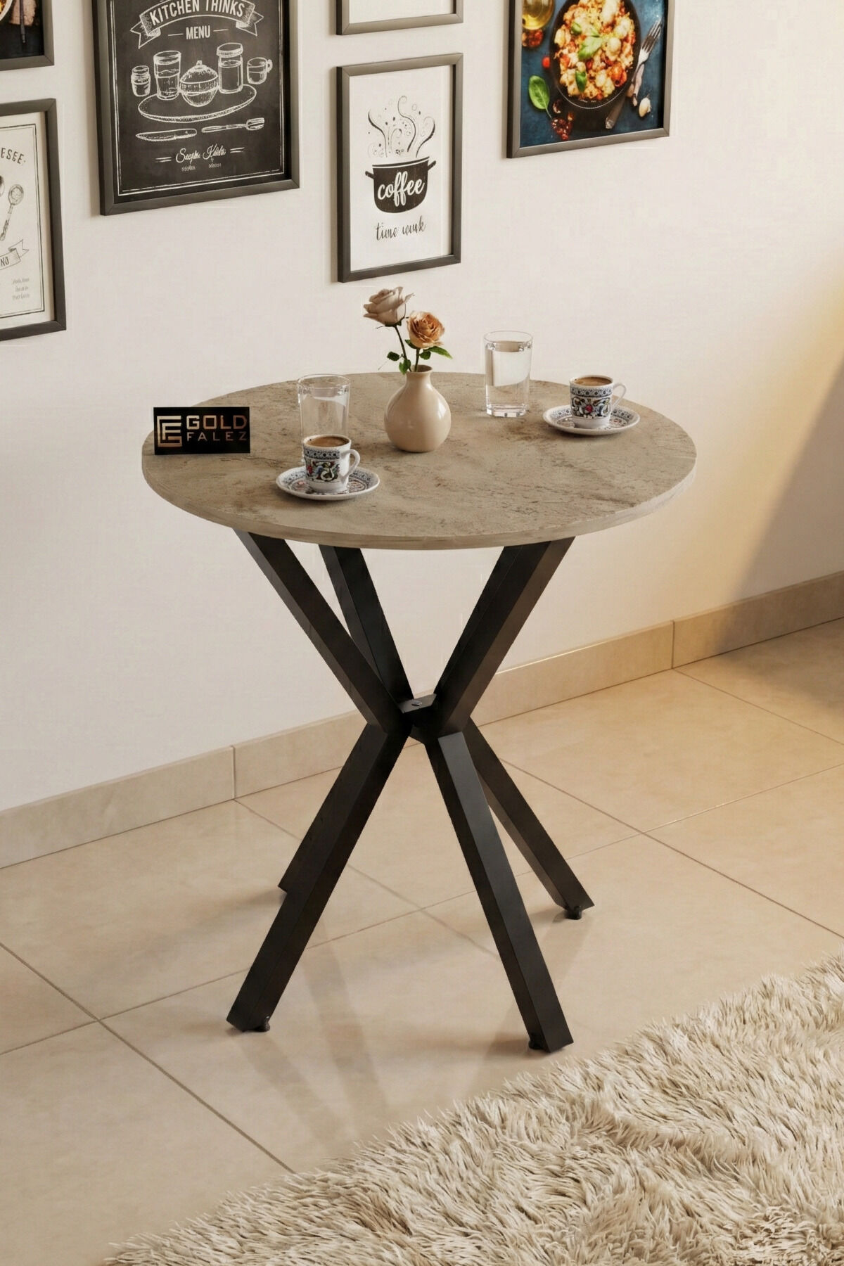 Kitchen Table Round 70 Diameter Metal Leg Dining Table Modern Balcony Garden Cafe Table 9821 Traverten