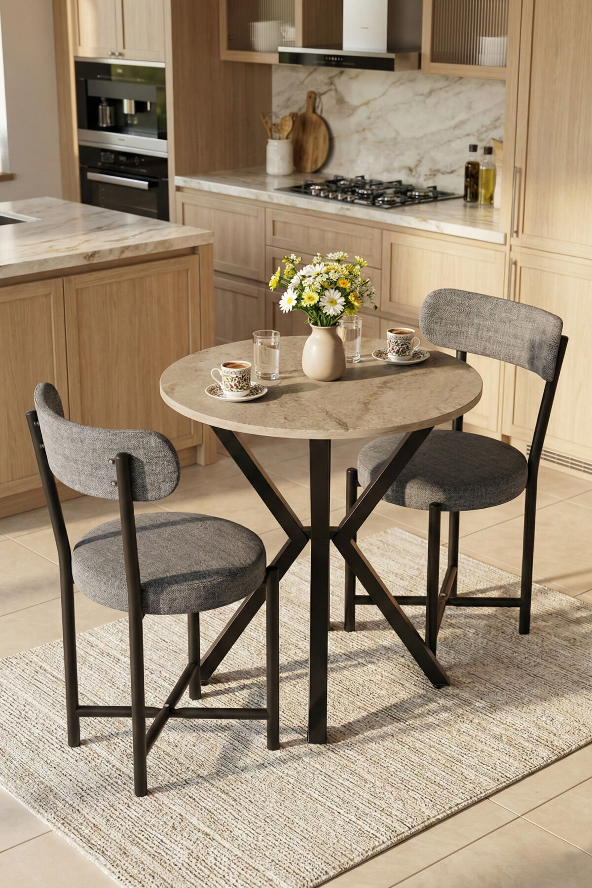Kitchen Table Round 70 Diameter Metal Leg Dining Table Modern Balcony Garden Cafe Table 9821 Traverten