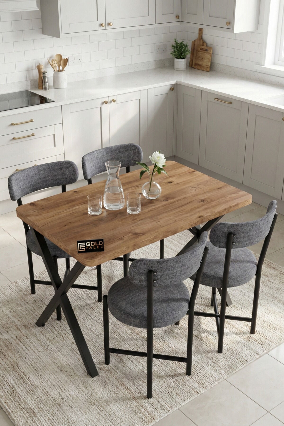 Mutfak Masası 4 Sandalyeli Set 110x70 cm Modern Bahçe Cafe Masa Takımı 4 Kişilik Tedy 9880 Gri
