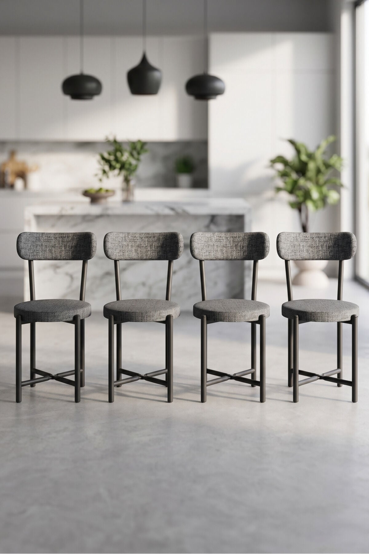 4-Piece Chair Linen Fabric Metal Legged Modern Kitchen Chair Cafe Balcony Office Teddy 9809 Anthracite