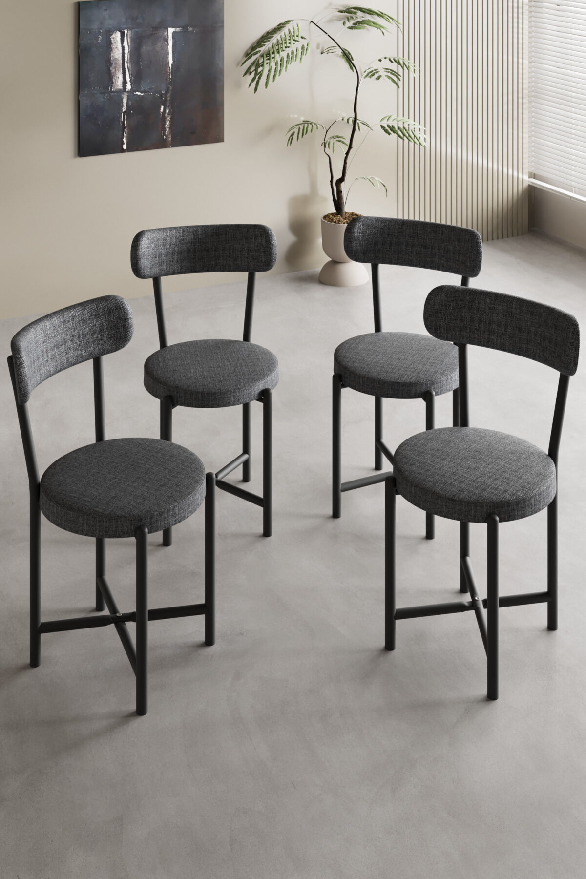 4-Piece Chair Linen Fabric Metal Legged Modern Kitchen Chair Cafe Balcony Office Teddy 9809 Anthracite