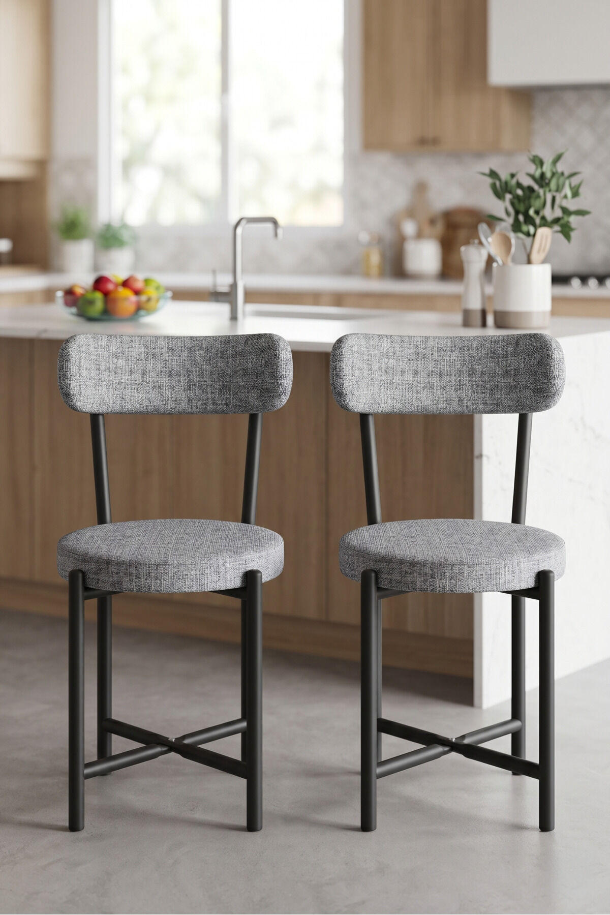 Teddy 9812 Chair 2-Piece Linen Fabric Metal Legs Modern Kitchen Chair Cafe Balcony Office Grey