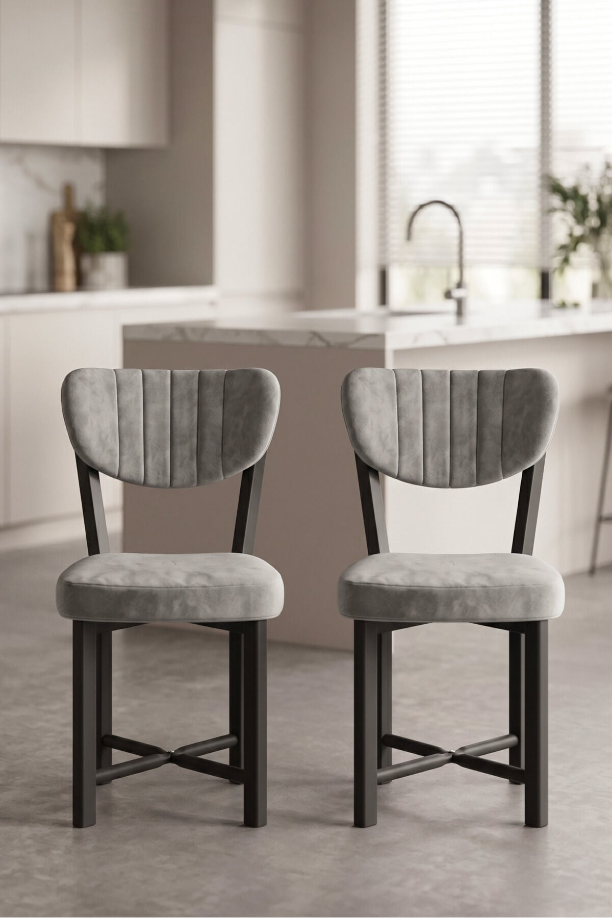 Elma 9810 Chair 2-Piece Baby Face Fabric Metal Legs Modern Kitchen Chair Cafe Balcony Office Grey