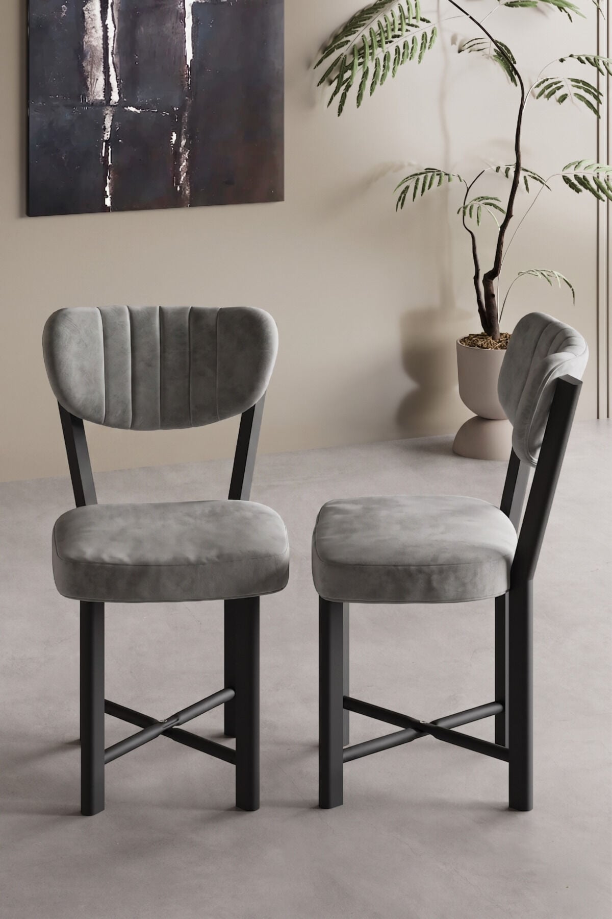 Elma 9810 Chair 2-Piece Baby Face Fabric Metal Legs Modern Kitchen Chair Cafe Balcony Office Grey