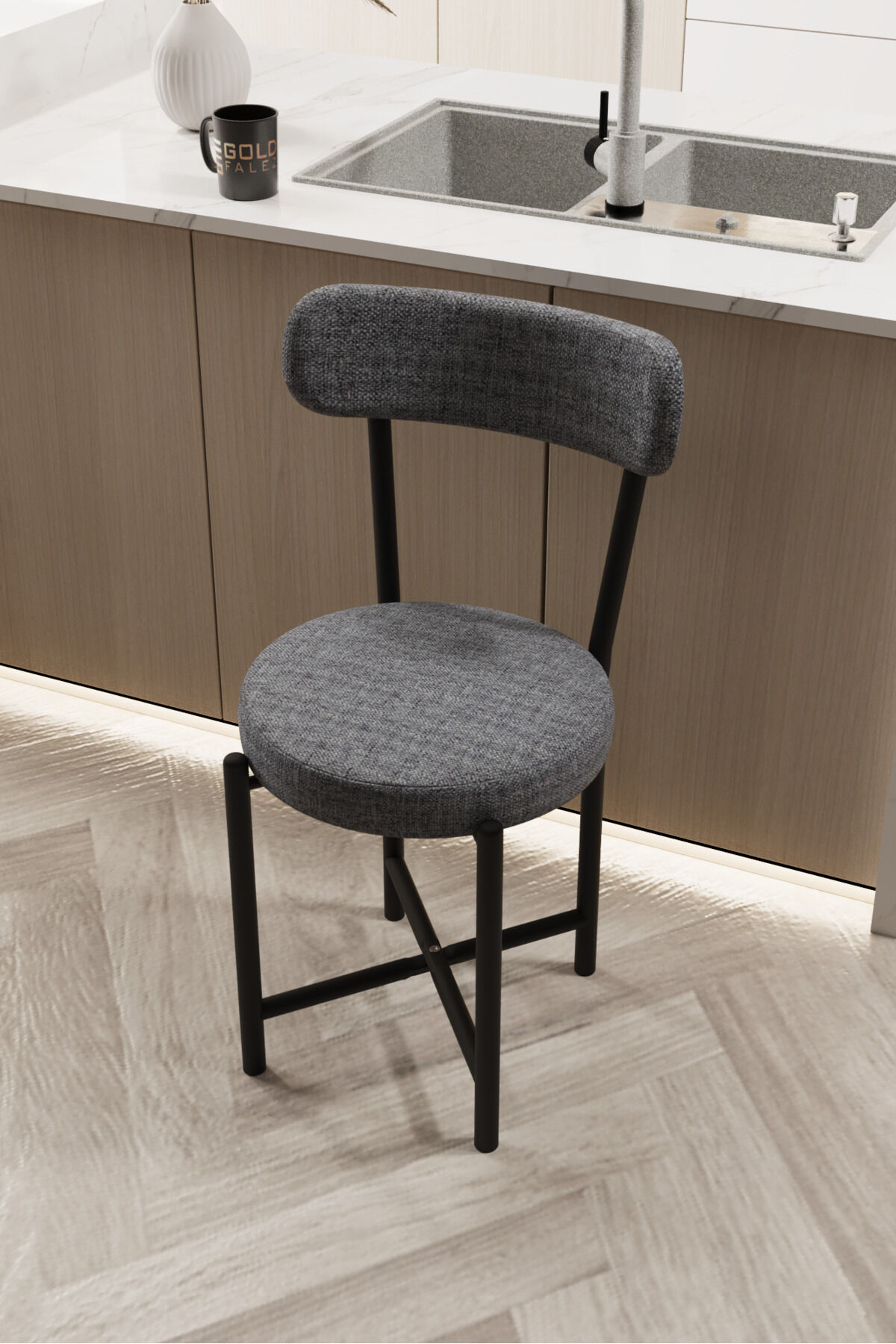 Teddy 9816 Chair 1-Piece Linen Fabric Metal Legs Modern Kitchen Chair Cafe Balcony Office Grey