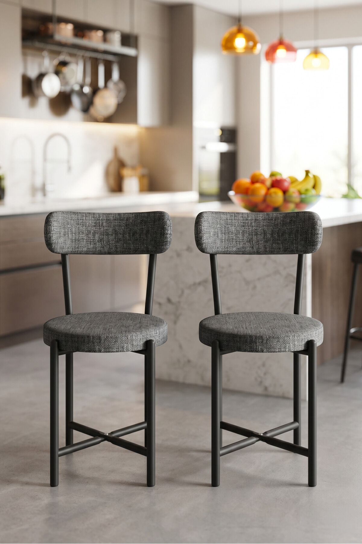 Teddy 9813 Chair 2-Piece Linen Fabric Metal Legs Modern Kitchen Chair Cafe Balcony Office Anthracite