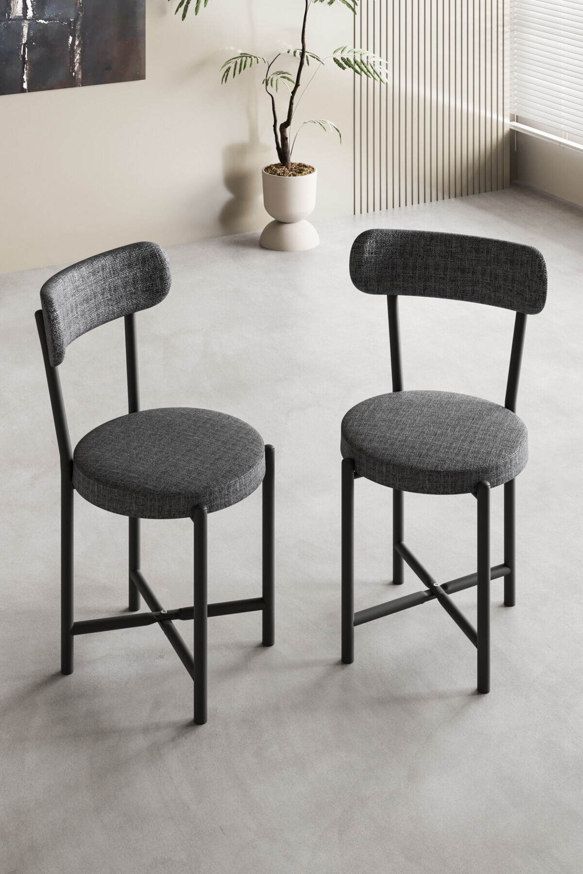Teddy 9813 Chair 2-Piece Linen Fabric Metal Legs Modern Kitchen Chair Cafe Balcony Office Anthracite