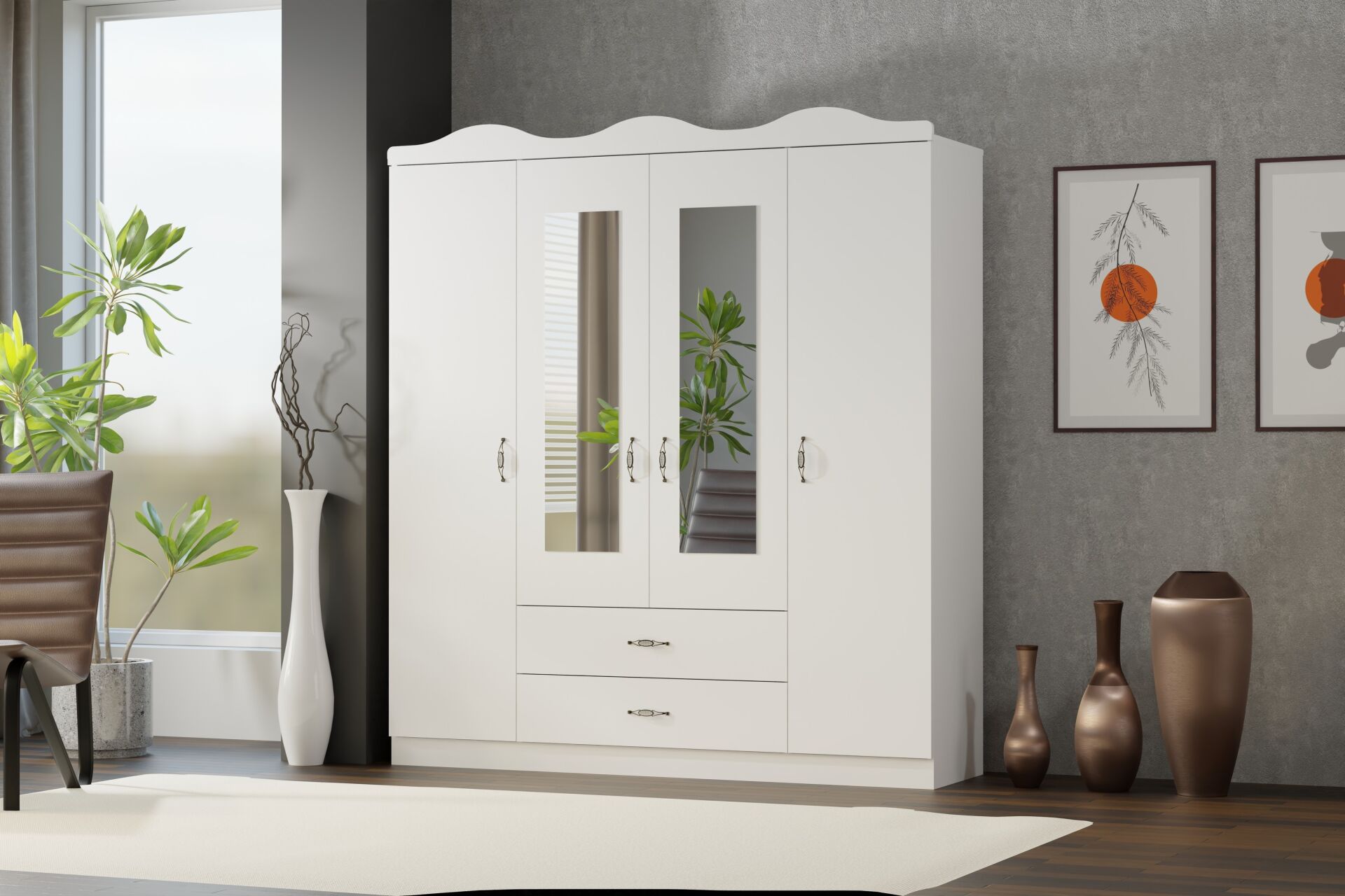 Taçlı 4 Kapılı Dolap - Beyaz TN0435