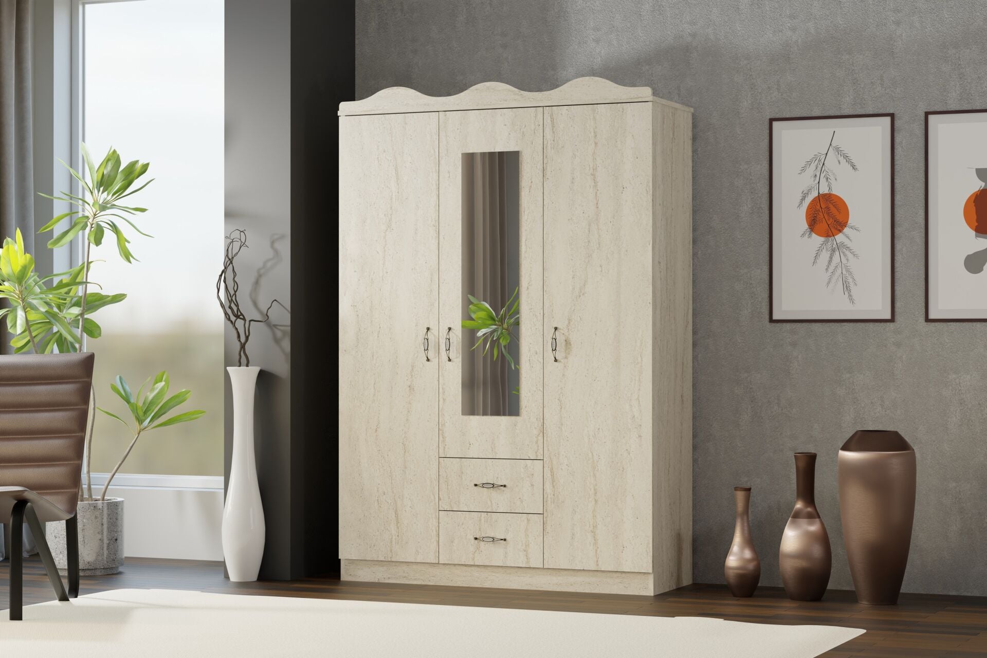 Taçlı 3 Kapılı Dolap - Traverten TN0440