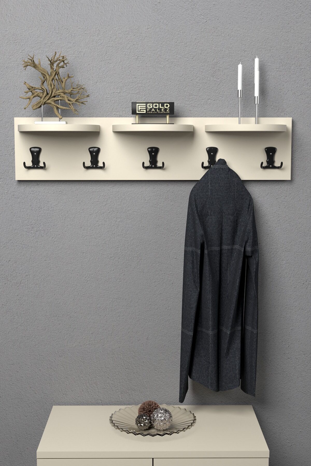 İlkal Üst Raflı Duvar Askılığı Bej 80 cm