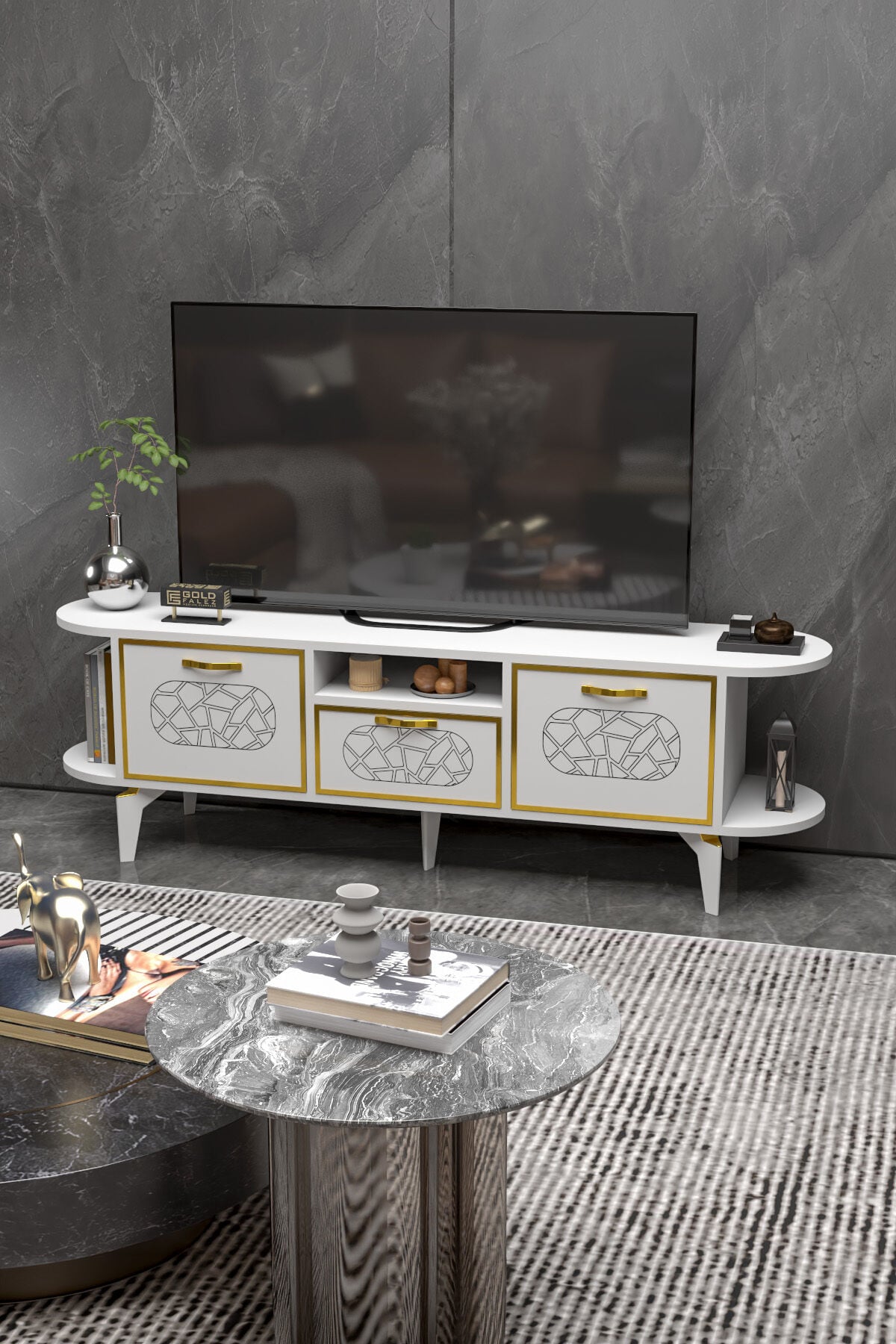 MD Mira Gold TV Ünitesi Beyaz 160 cm
