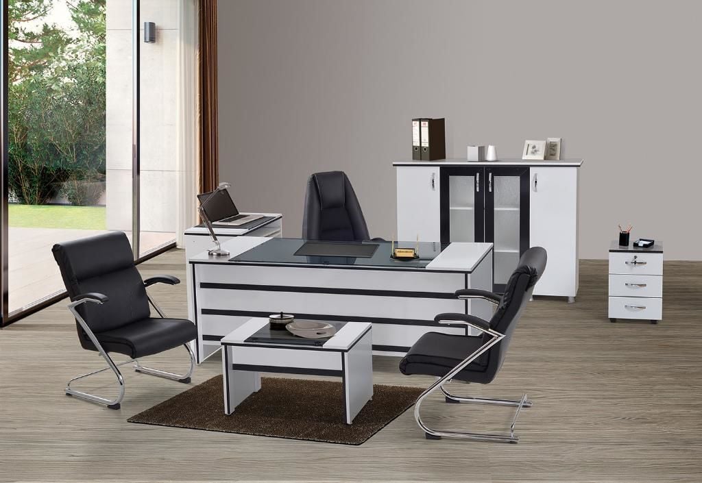 MD Glass Office Desk Set Without Chairs Black-White SHM383