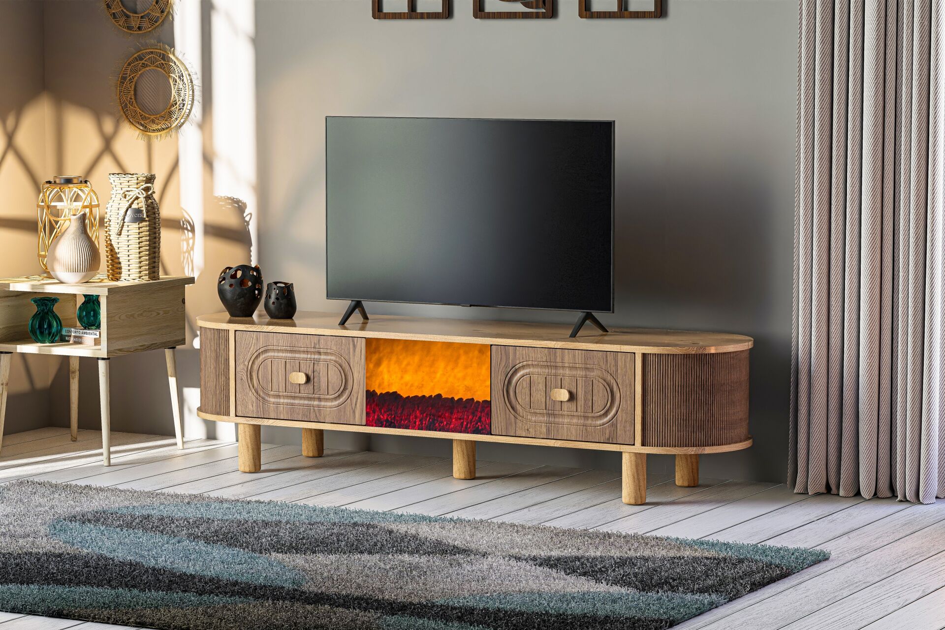 Oval Şömineli Tv Sehpası Atlantik Çam - Ceviz TN0557