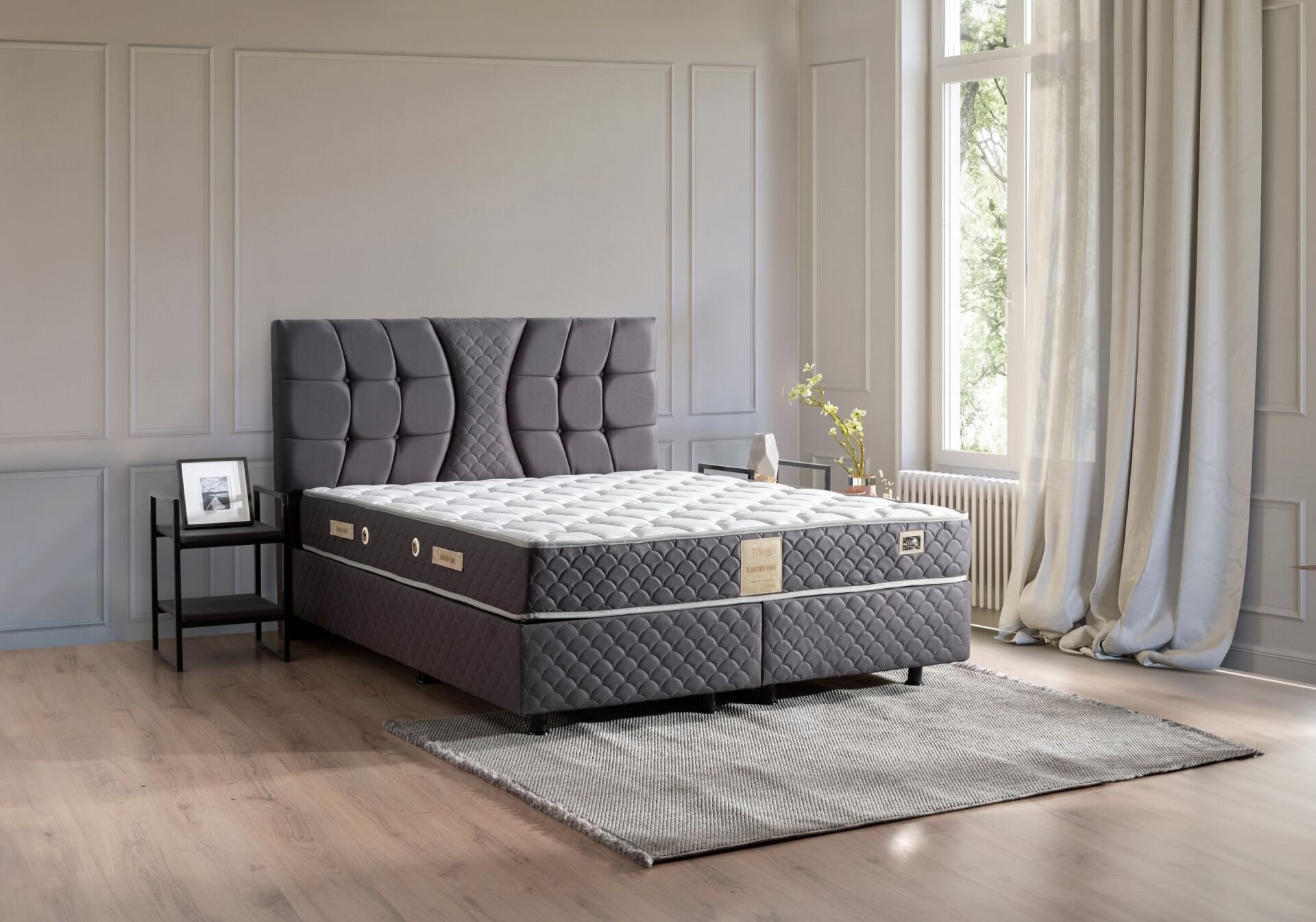Kiamond Antrasit 150x200 Çift Kişilik Yatak, Baza, Başlık Seti MBL1020