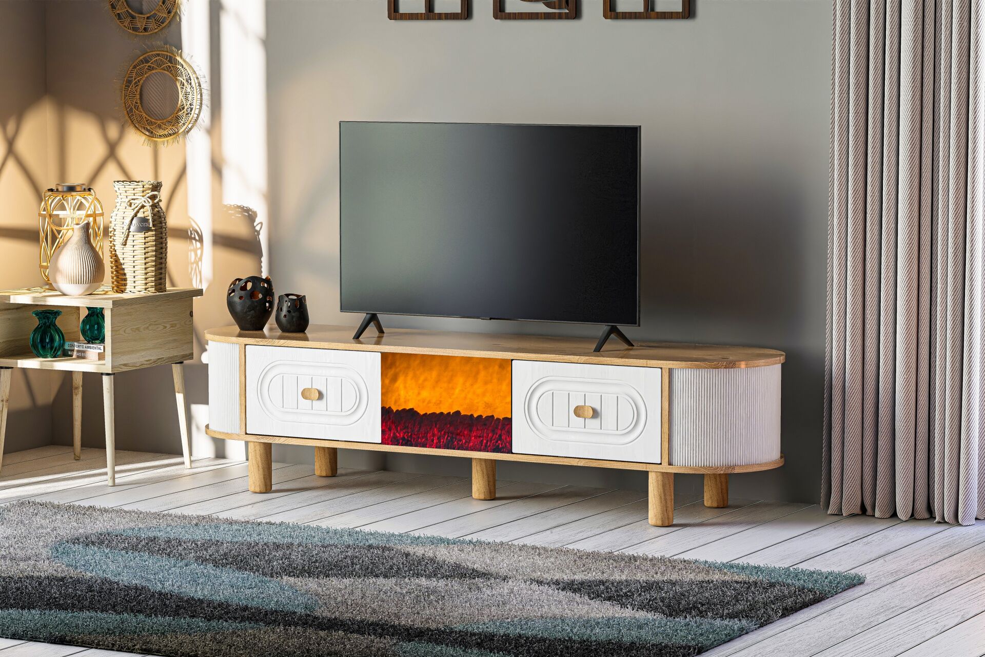 Oval Şömineli Tv Sehpası Atlantik Çam - Beyaz TN0558