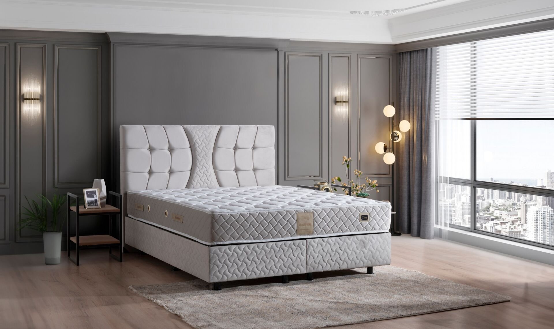 Kiamond Gri 150x200 Çift Kişilik Yatak, Baza, Başlık Seti MBL1021