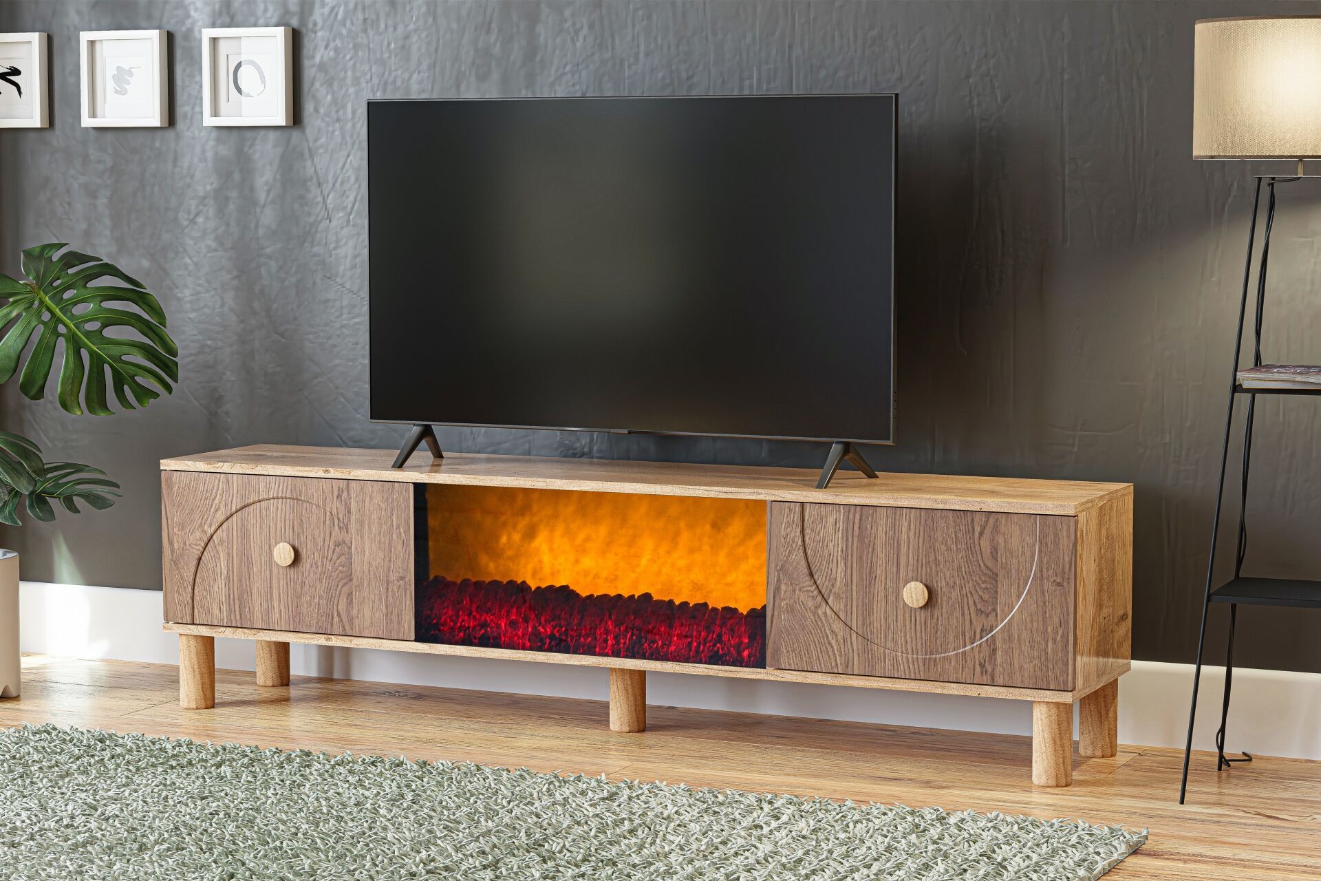 Vintage Şömineli Tv Sehpası Atlantik Çam - Ceviz TN0561