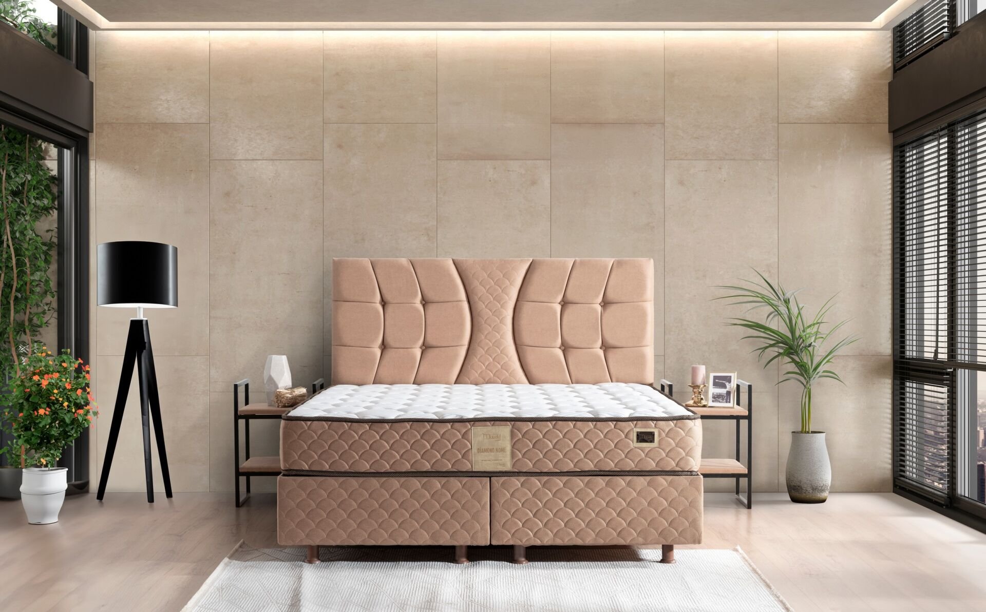 Kiamond Kahve 150x200 Çift Kişilik Yatak, Baza, Başlık Seti MBL1022