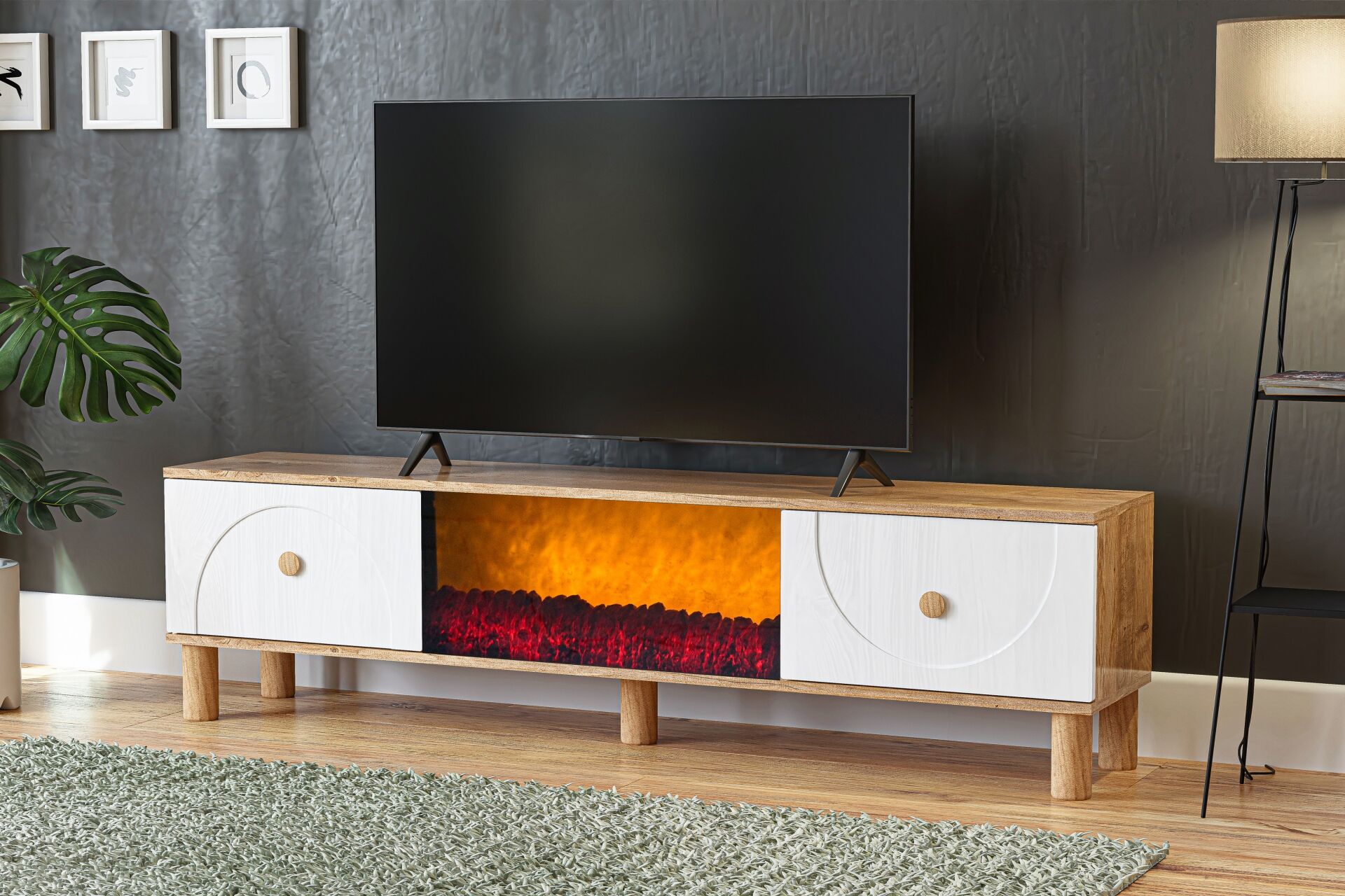 Vintage Şömineli Tv Sehpası Atlantik Çam - Beyaz TN0562