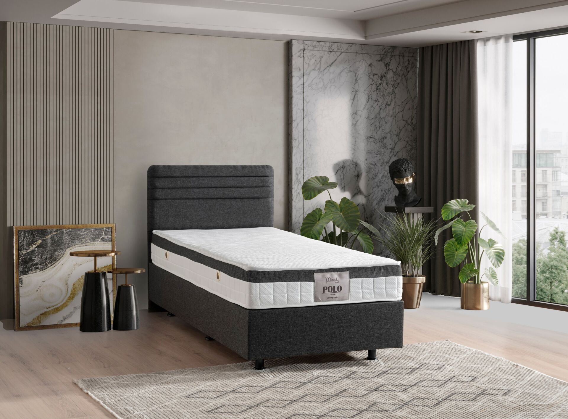 Polo Antrasit 90x190 Tek Kişilik Yatak, Baza, Başlık Seti MBL1024