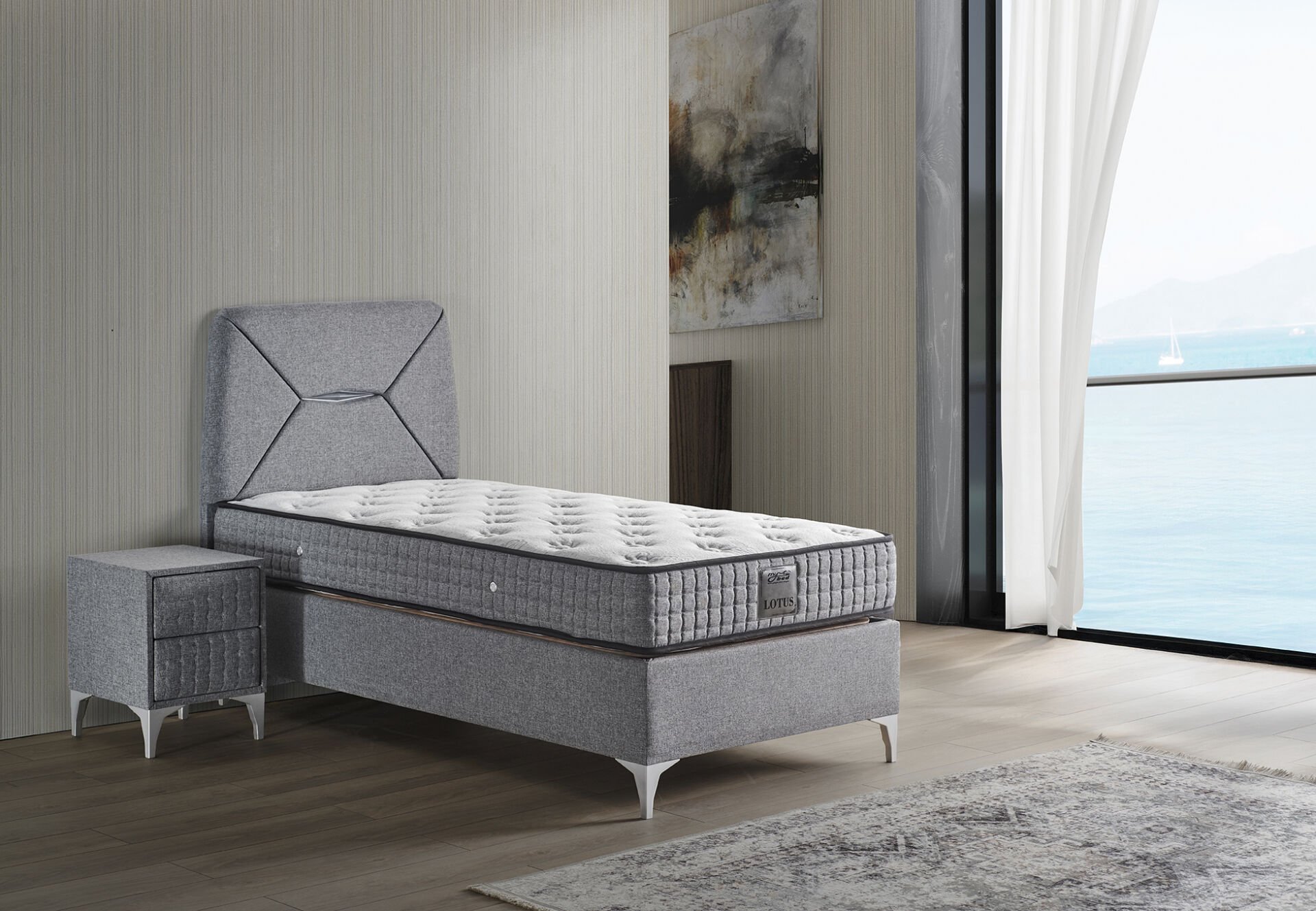 Lotus 90x190 Tek Kişilik Yatak, Baza, Başlık Seti