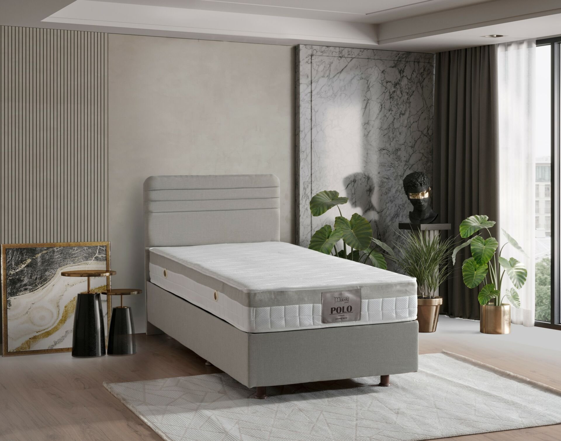 Polo Gri 100x200 Tek Kişilik Yatak, Baza, Başlık Seti MBL1025
