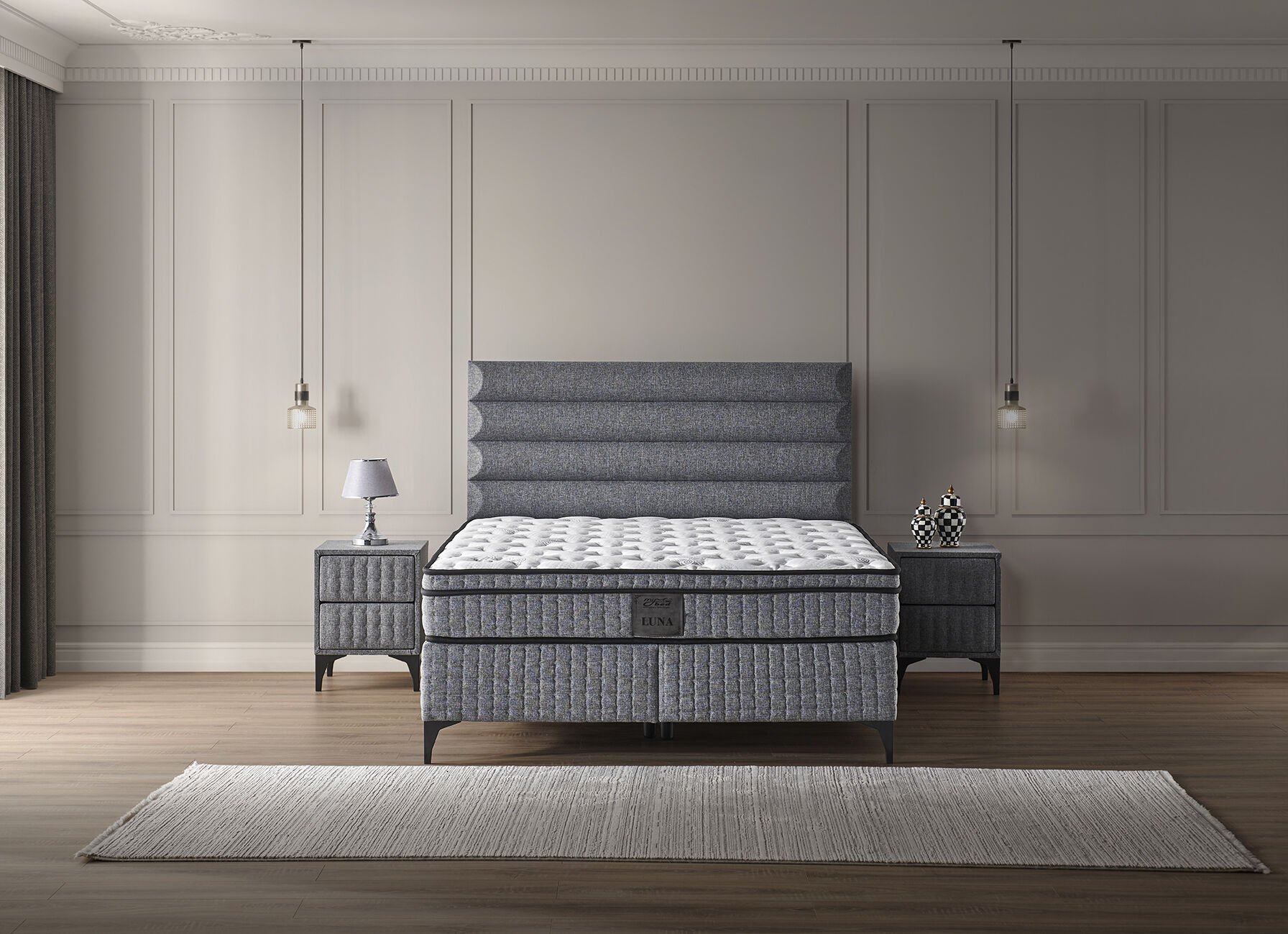 Luna 160x200 Çift Kişilik Yatak, Baza, Başlık Seti